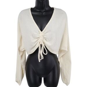 Out From Under UO Cream Waffle Knit Ruched Tie Front Crop Top Dolman XS